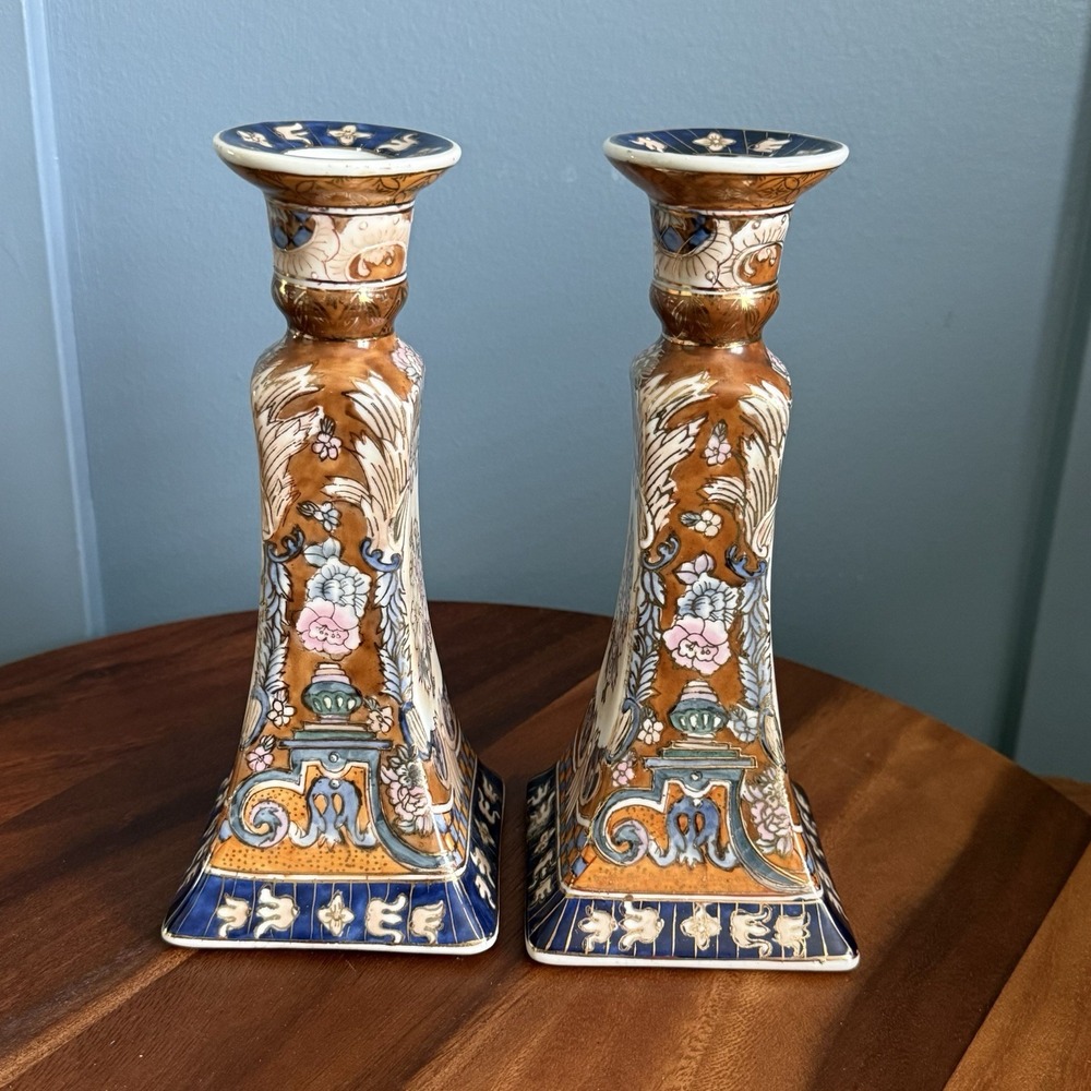 Vintage Pair Asian Imari Style Porcelain Candlesticks Blue Gold Floral 9" Tall - Picture 7 of 11